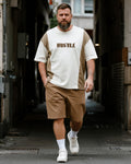Big & Tall Khaki Striped Graphic T-Shirt Shorts Set for big men view 1