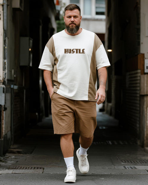 Big & Tall Khaki Striped Graphic T-Shirt Shorts Set for big men view 1