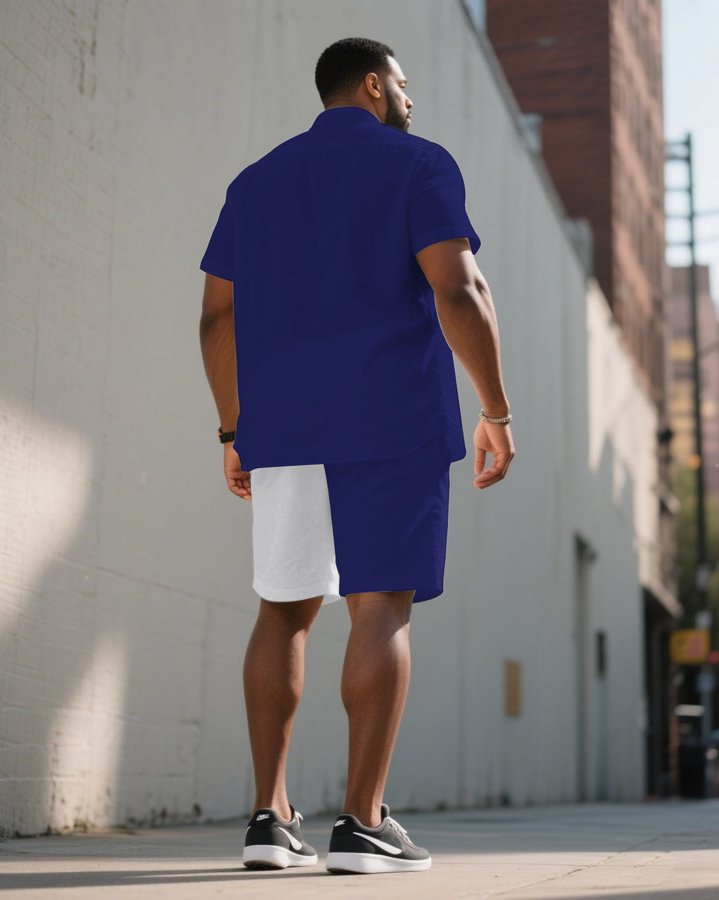 Big & Tall White Blue Hawaiian T-Shirt Shorts Set for big men view 1