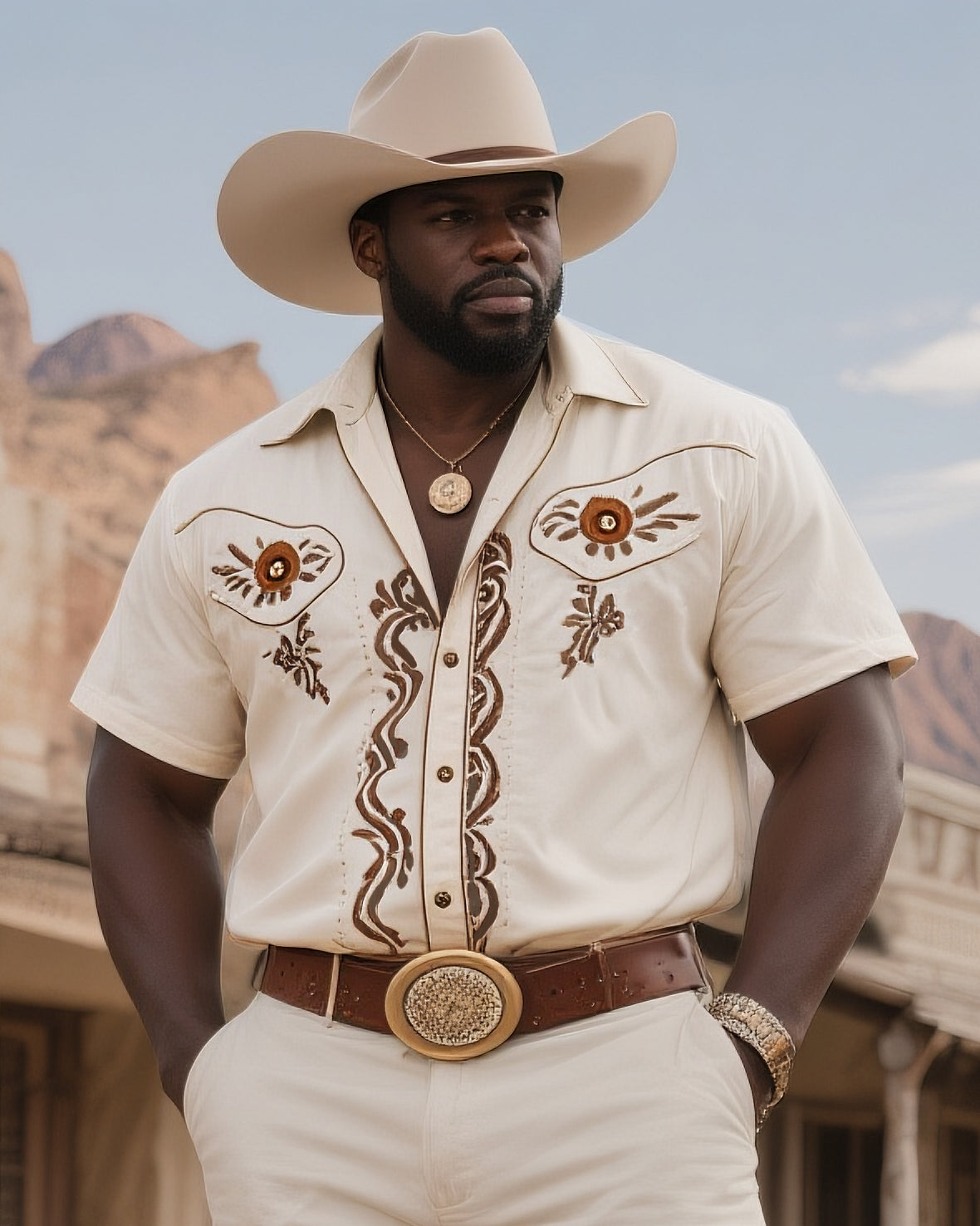 Big & Tall Western Denim Graphic Short Sleeve Shirt for big men