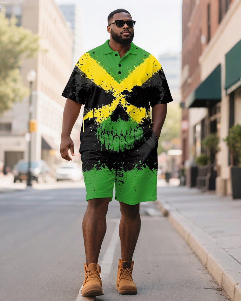 Big & Tall Black Green Colorblock Polo Shorts Set for big men view 1