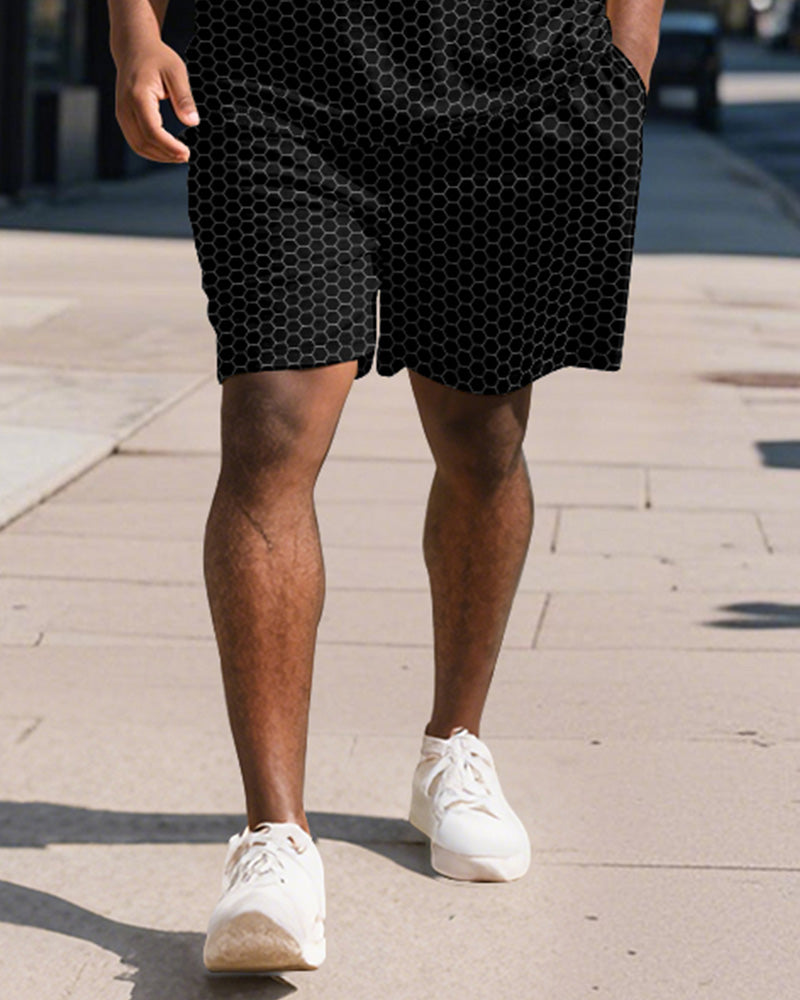 Big & Tall Black White Patchwork Polo Shorts Set for big men view 3