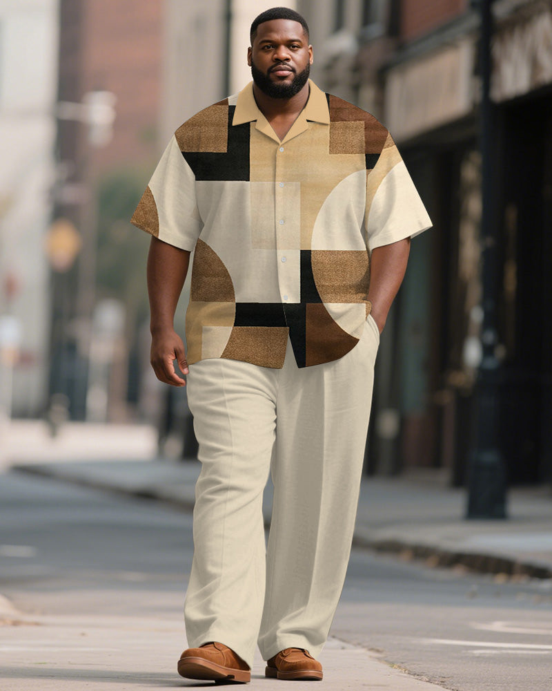 Big & Tall Brown Khaki Colorblock T-Shirt Pants Set for big men view 1
