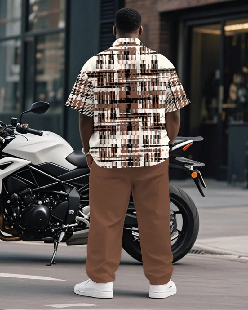 Big & Tall Brown Plaid Graphic T-Shirt Pants Set for big men view 4