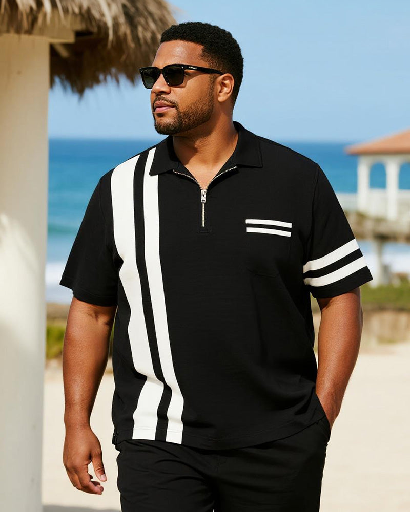 Big & Tall Black Striped Graphic Polo Shorts Set for big men view 2