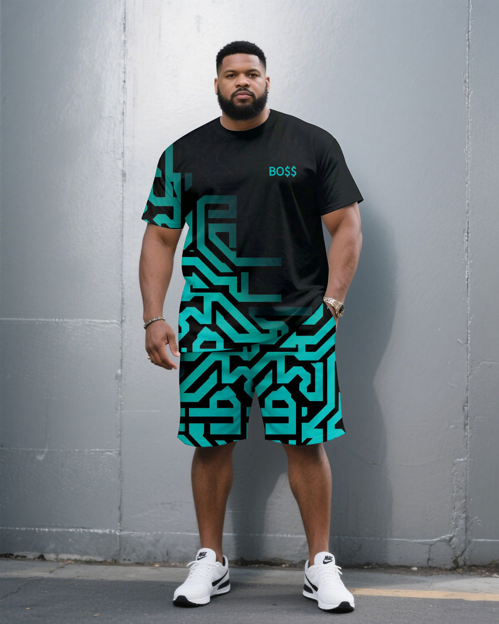 Big & Tall Black Geometric T-Shirt Shorts Set for big men view 1