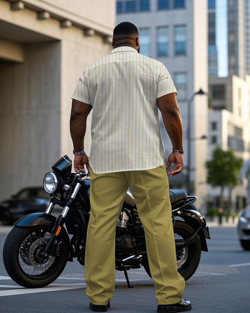 Big & Tall Yellow Striped Patchwork T-Shirt Pants Set for big men view 4