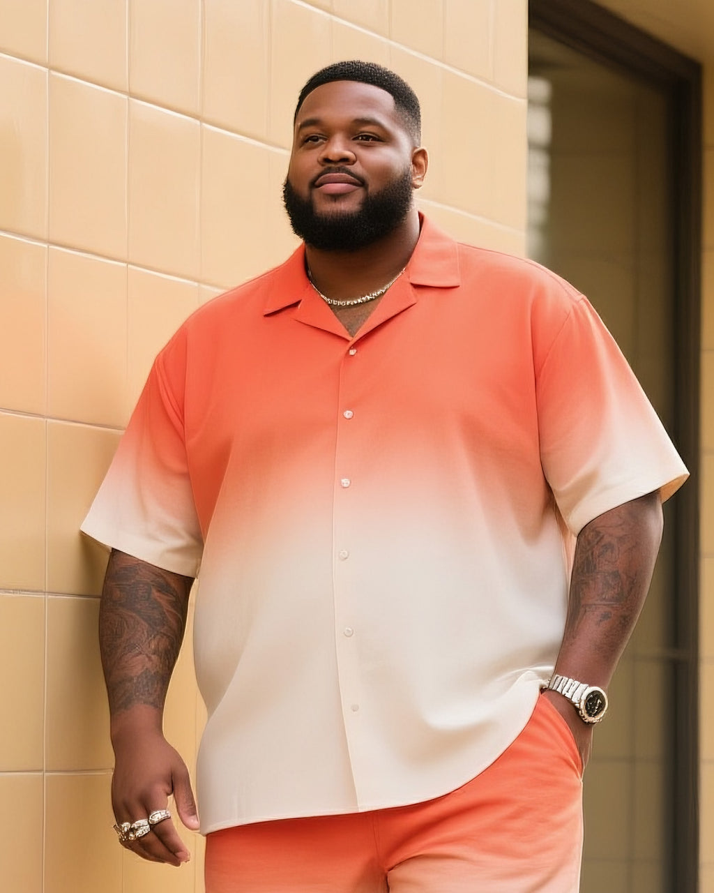 Big & Tall Orange Gradient T-Shirt Shorts Set for big men view 2