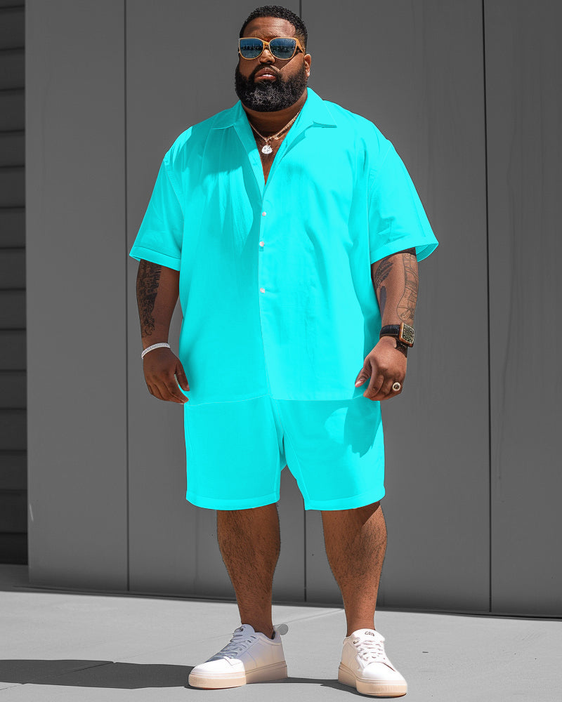 Big & Tall Blue Solid Color T-Shirt Shorts Set for big men view 1