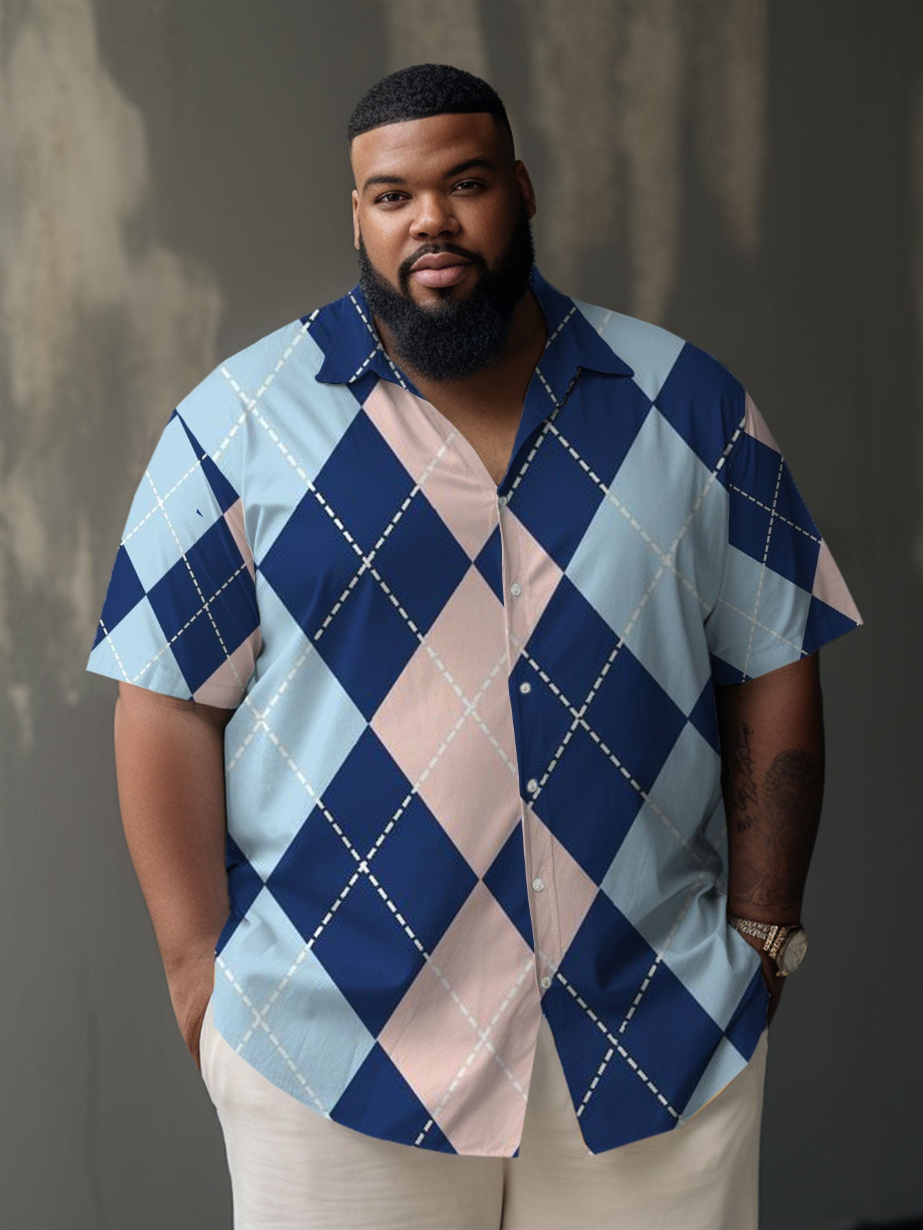 Big & Tall Blue Geometric Plaid Short Sleeve Shirt for big men