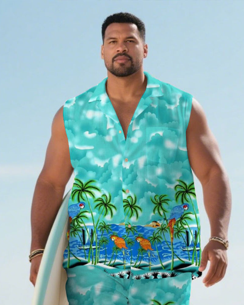 Big & Tall Green Hawaiian Graphic T-Shirt Shorts Set for big men view 2