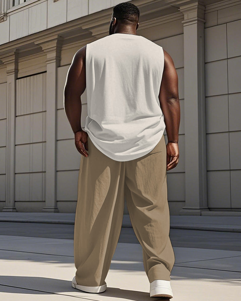 Big & Tall Khaki Colorblock Geometric Vest Pants Set for big men view 4