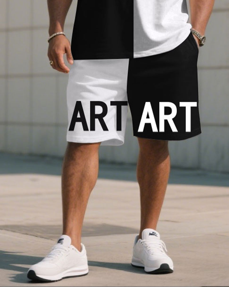 Big & Tall Black White Colorblock T-Shirt Shorts Set for big men view 3