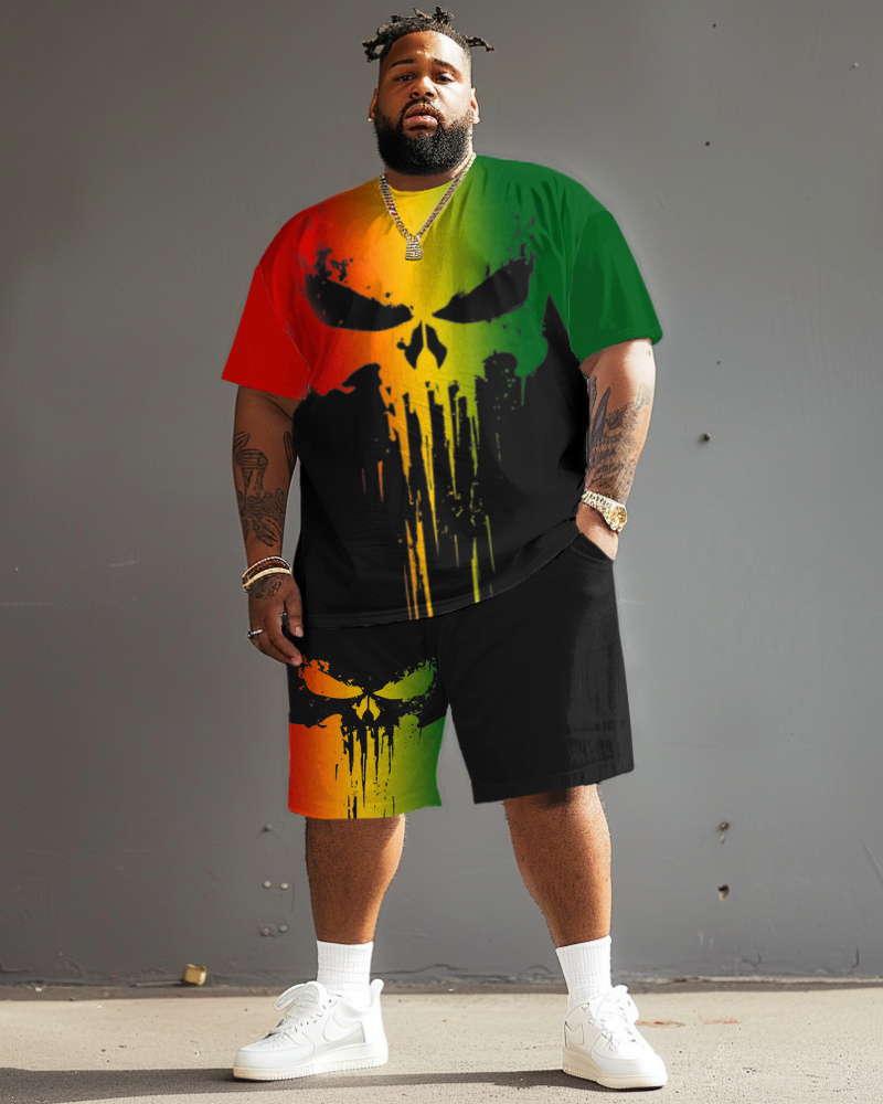 Big & Tall Reggae Skull T-Shirt Shorts Set for big men view 1