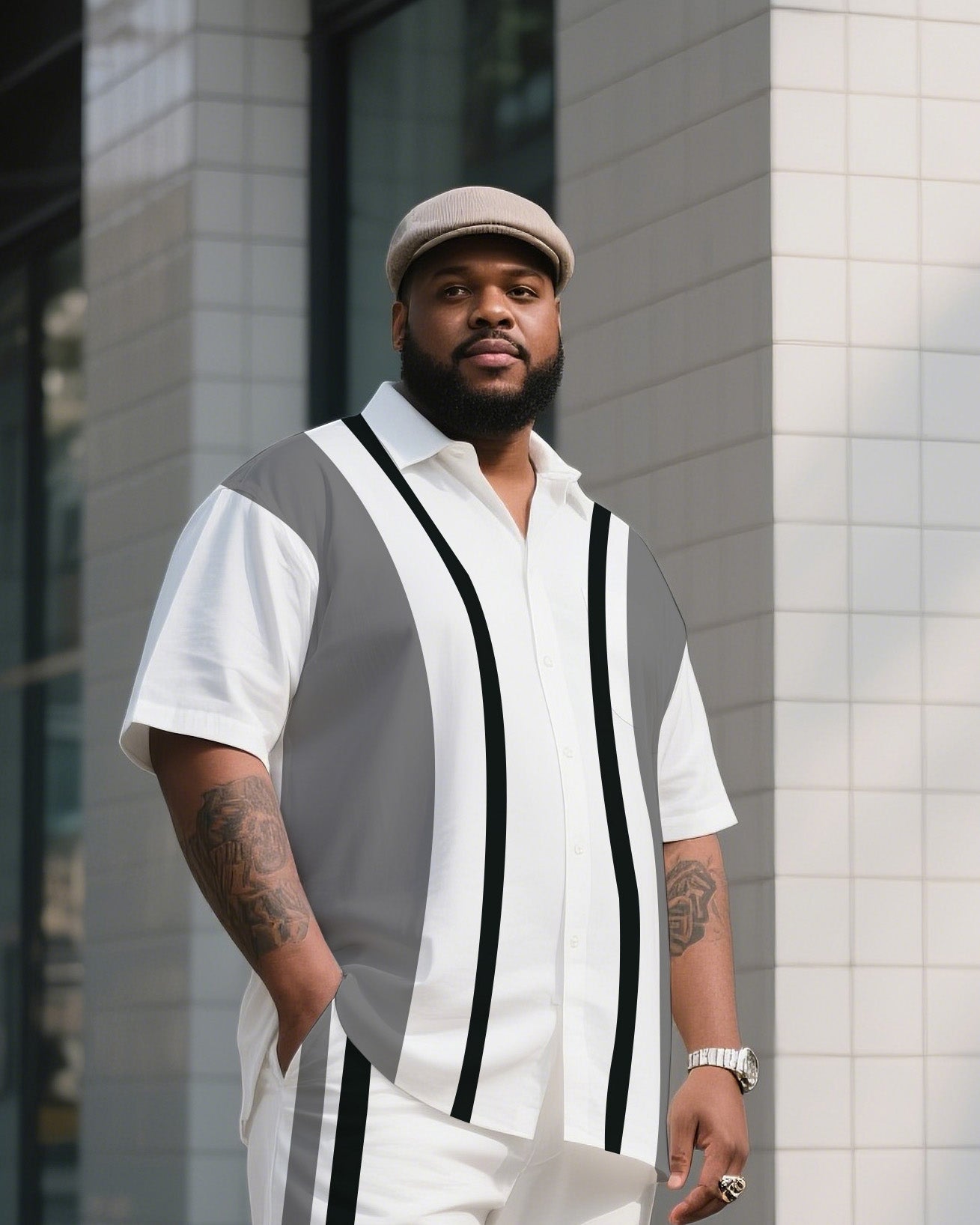 Big & Tall Striped T-Shirt Pants Set for big men view 2