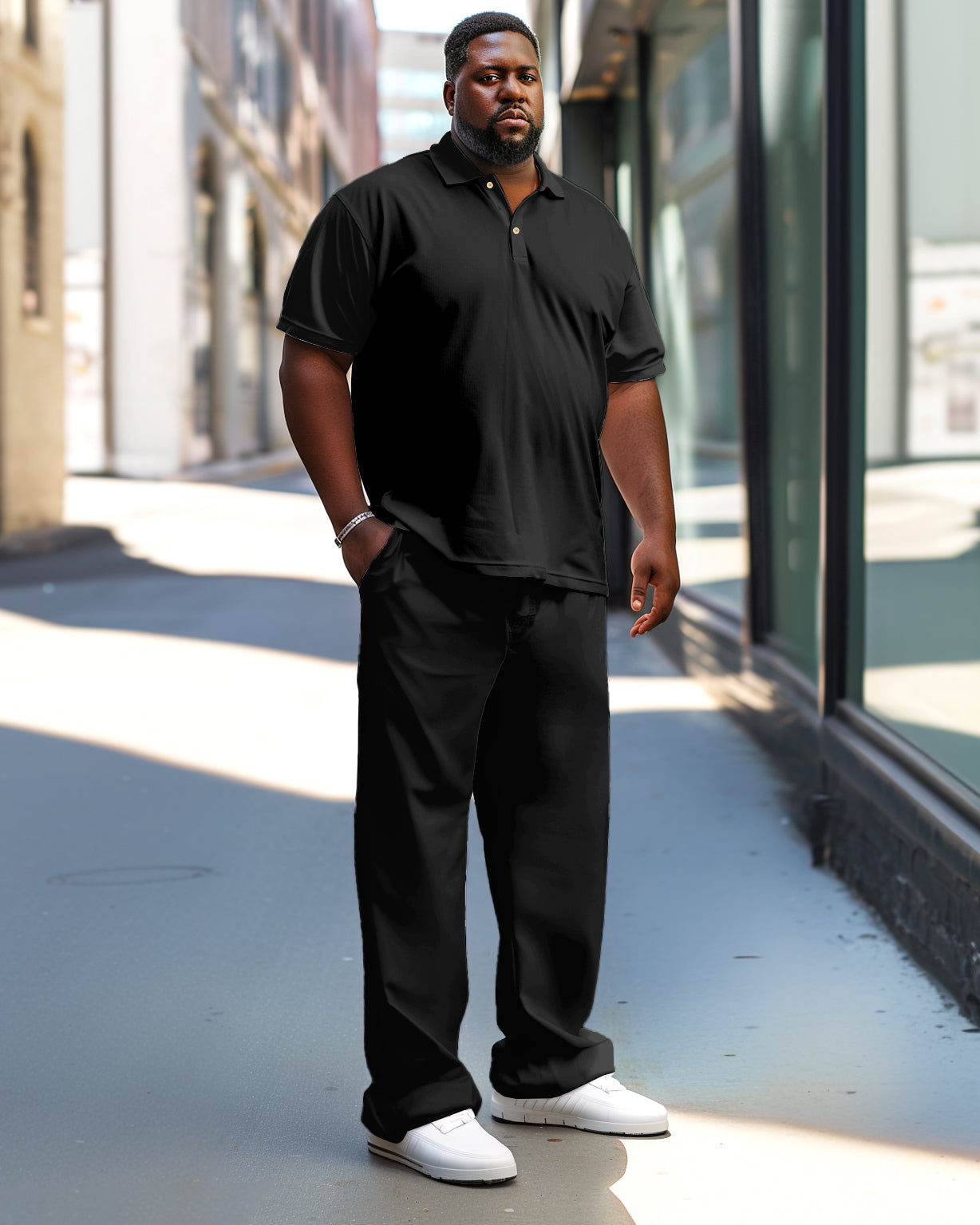 Big & Tall Black Solid Color Polo Pants Set for big men view 1