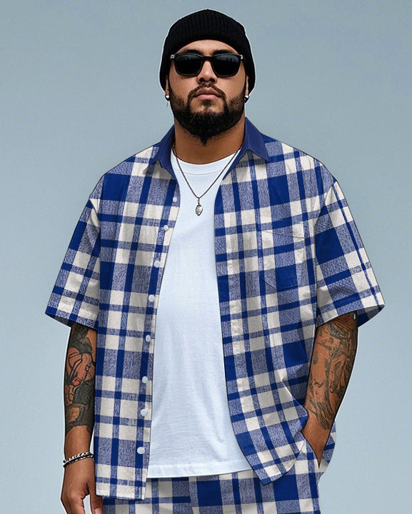 Big & Tall Blue Plaid T-Shirt Shorts Set for big men view 2
