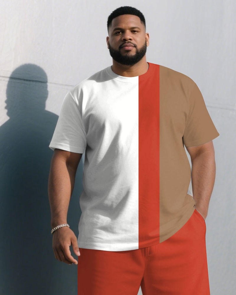 Big & Tall White Khaki Colorblock T-Shirt Shorts Set for big men view 2