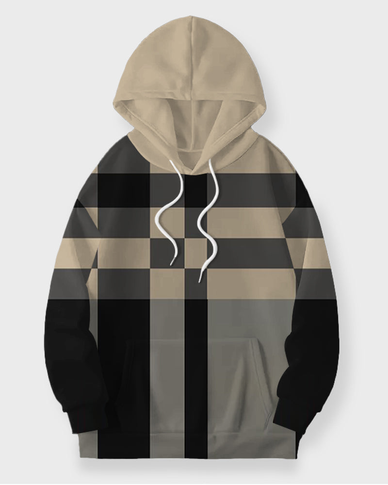 Big & Tall Khaki Plaid Striped Hoodie Sweatpants Set for big men view 3