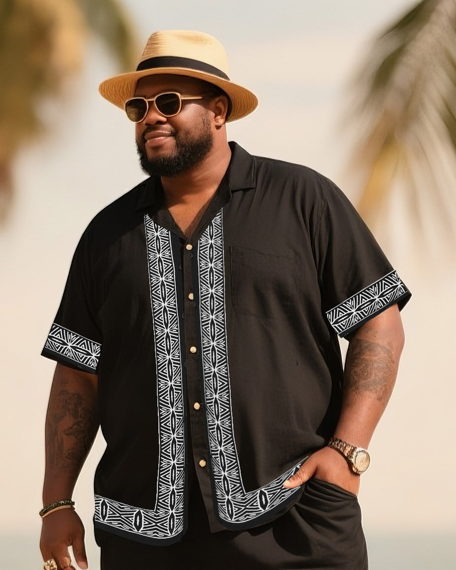 Big & Tall Black White Striped T-Shirt Shorts Set for big men view 2