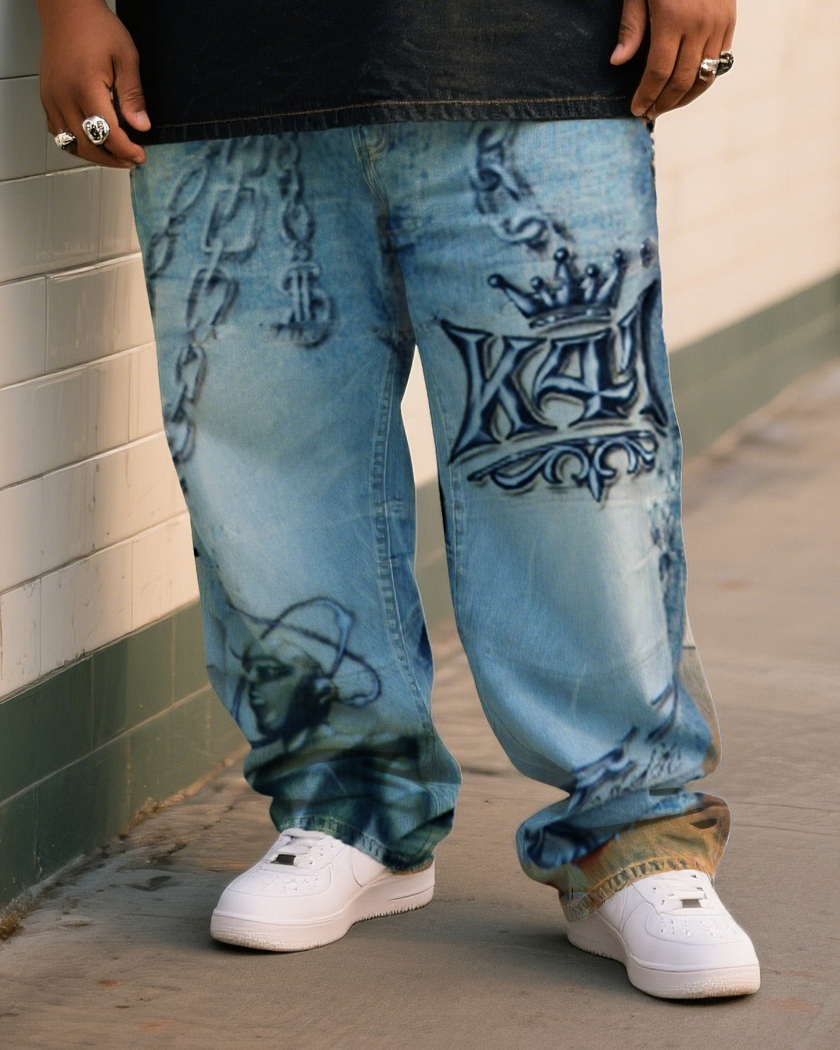 Big & Tall Denim Graphic Graffiti T-Shirt Pants Set for big men view 3