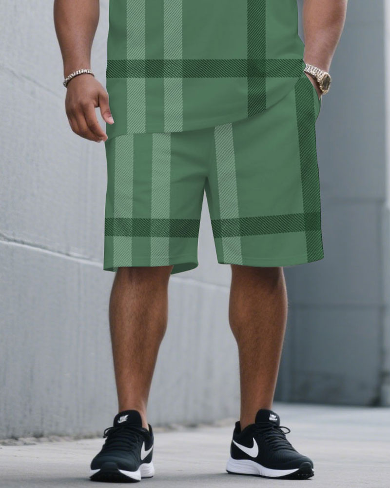 Big & Tall Green Plaid T-Shirt Shorts Set for big men view 3