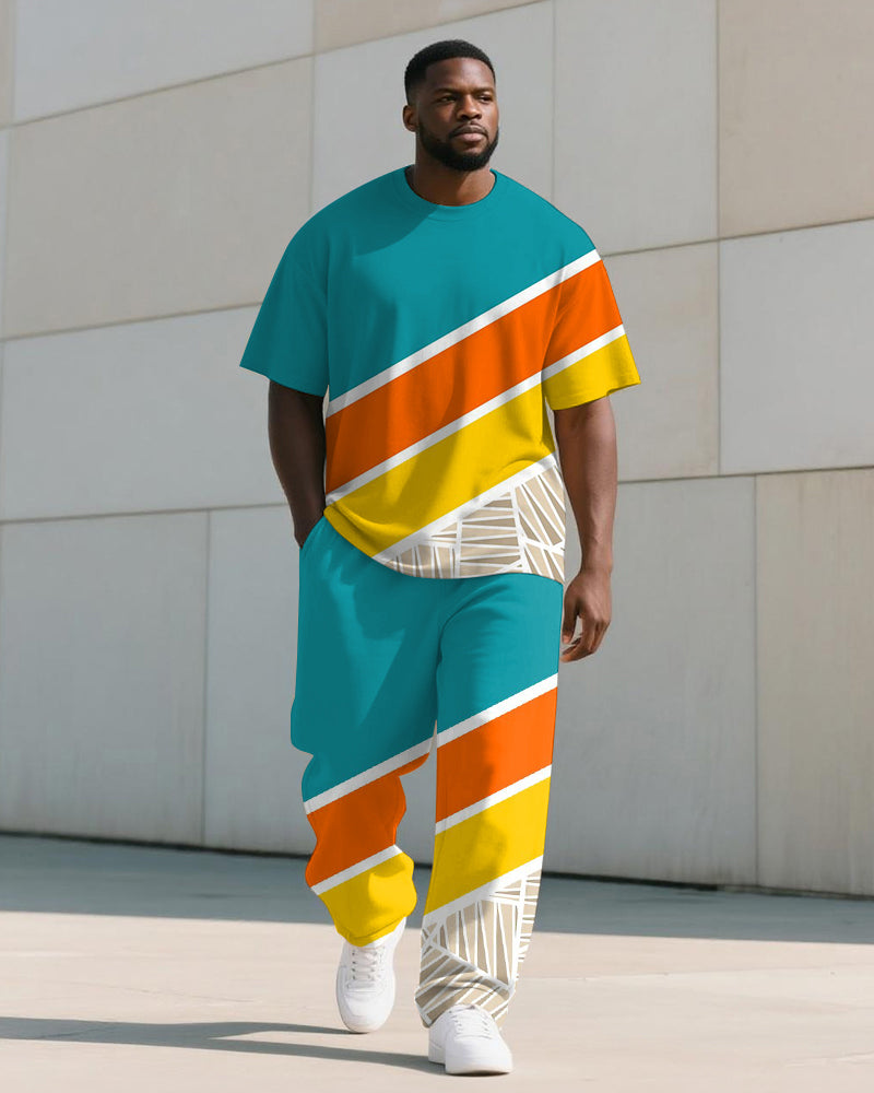 Big & Tall Blue Yellow Colorblock T-Shirt Pants Set for big men view 1
