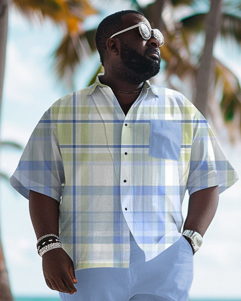 Big & Tall Blue Plaid Graphic T-Shirt Pants Set for big men view 2