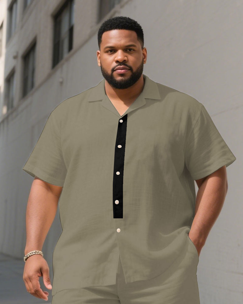 Big & Tall Black Khaki Hawaiian T-Shirt Shorts Set for big men view 2