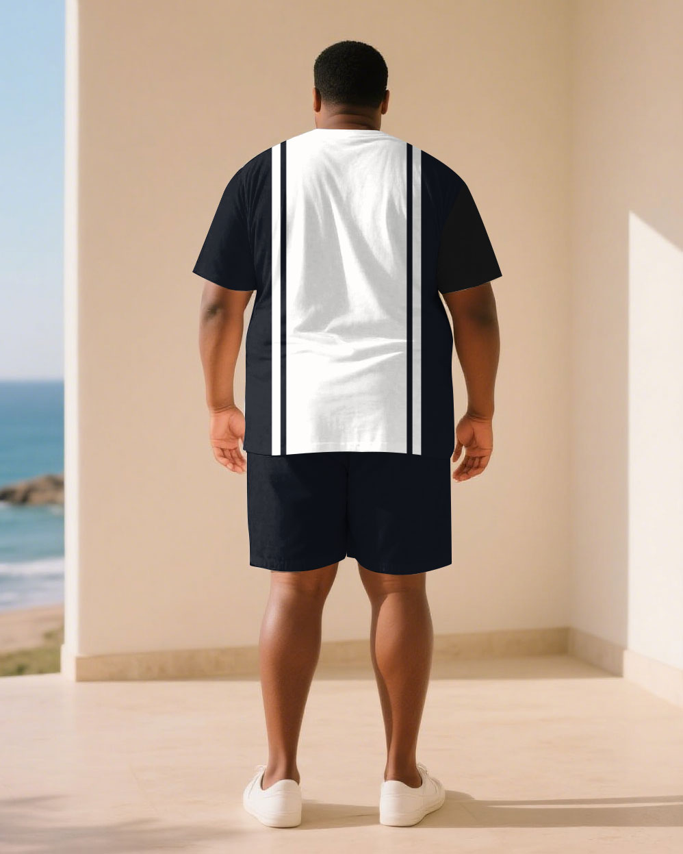 Big & Tall White Blue Graphic T-Shirt Shorts Set for big men view 4