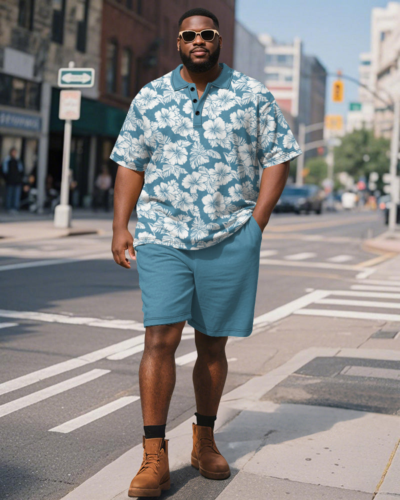 Big & Tall Hawaiian Business Casual Polo Shorts Set for big men view 1