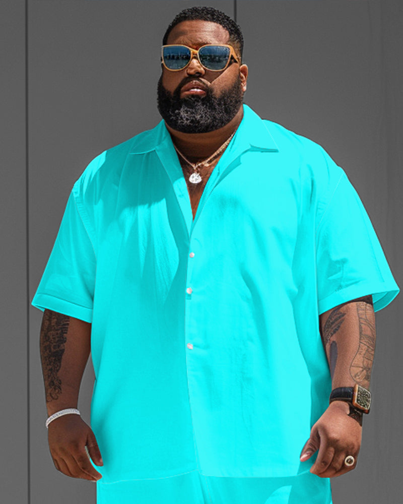 Big & Tall Blue Solid Color T-Shirt Shorts Set for big men view 2