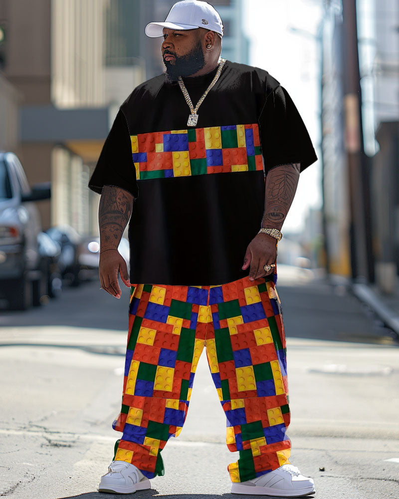 Big & Tall Patchwork Streetwear T-Shirt Pants Set for big men view 1