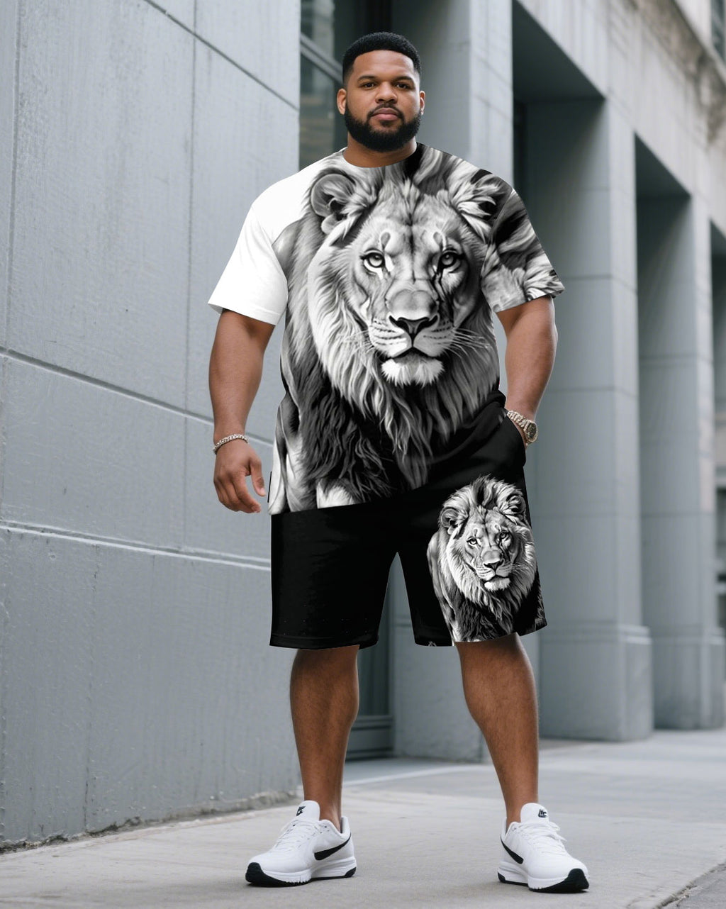 Big & Tall Black White Graphic T-Shirt Shorts Set for big men view 1