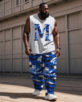 Big & Tall Blue Graphic Camouflage Vest Pants Set for big men view 1