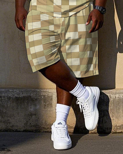 Big & Tall Yellow Hawaiian Plaid T-Shirt Shorts Set for big men view 3