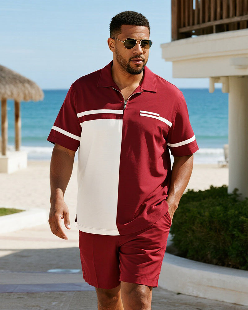 Big & Tall Red Colorblock Striped Polo Shorts Set for big men view 1