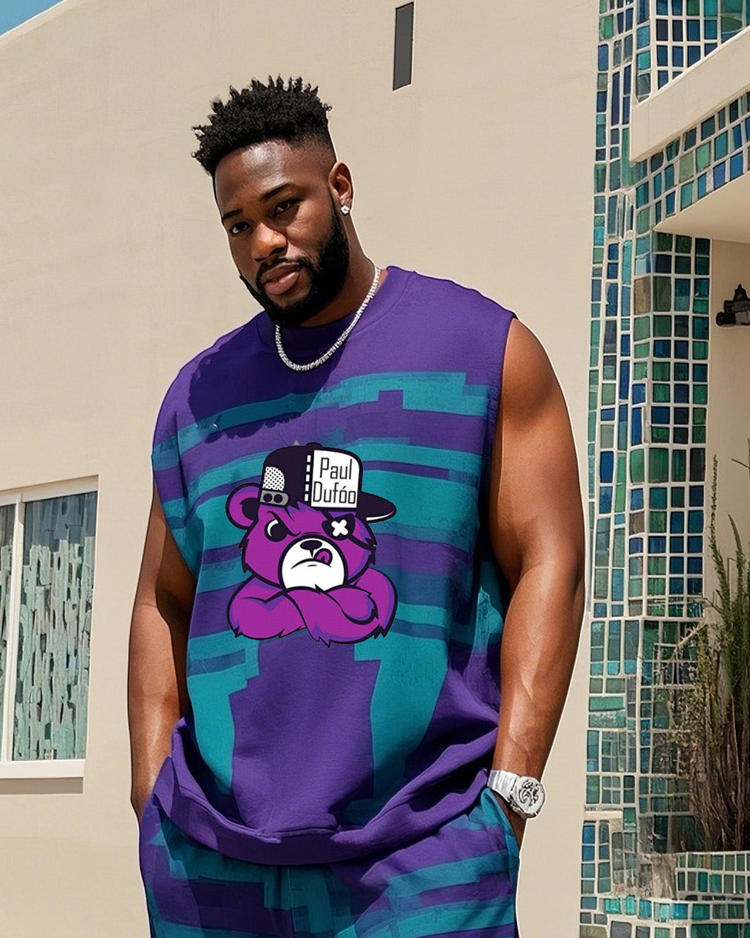 Big & Tall Colorblock Graphic Vest Pants Set for big men view 2
