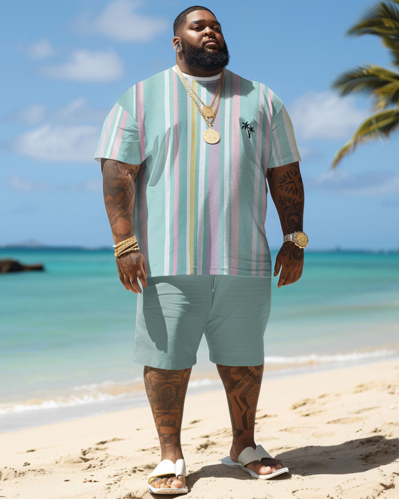 Big & Tall Hawaiian Striped T-Shirt Shorts Set for big men view 2