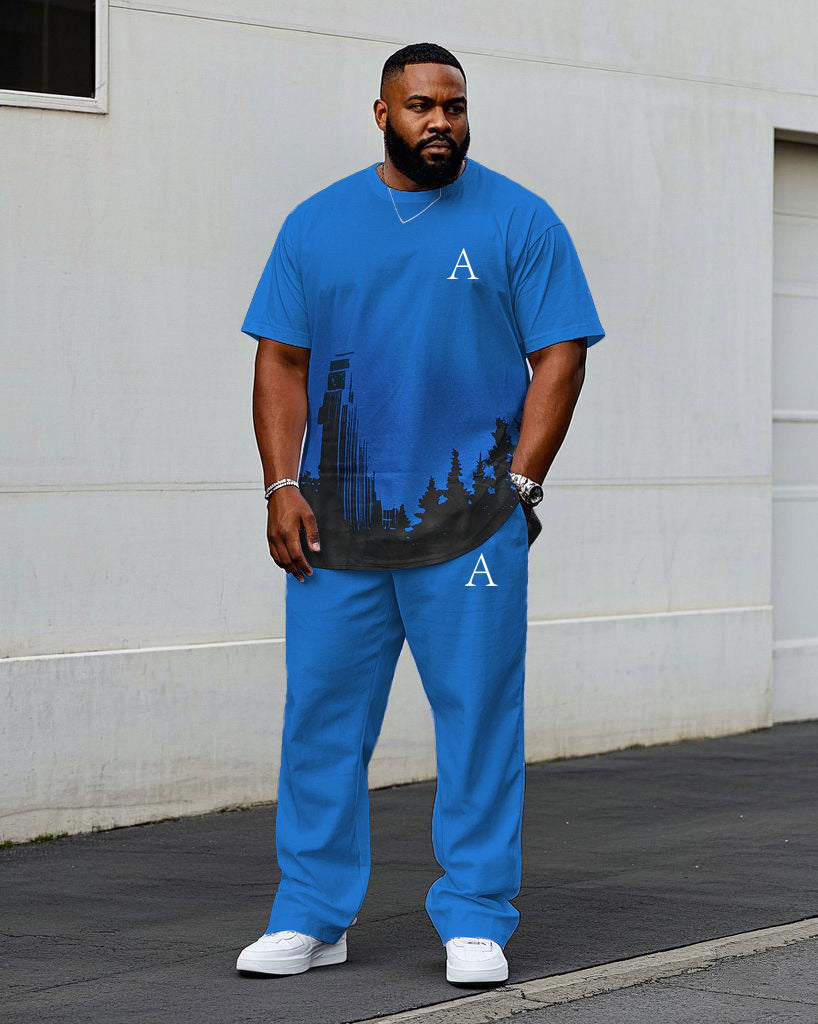 Big & Tall Blue Graphic Streetwear Two-piece Set for big men view 1