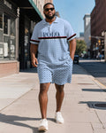 Big & Tall Blue Graphic Patchwork Polo Shorts Set for big men view 1