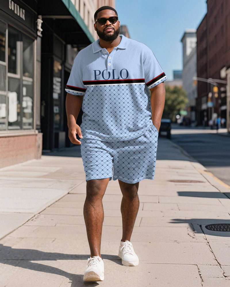 Big & Tall Blue Graphic Patchwork Polo Shorts Set for big men view 1