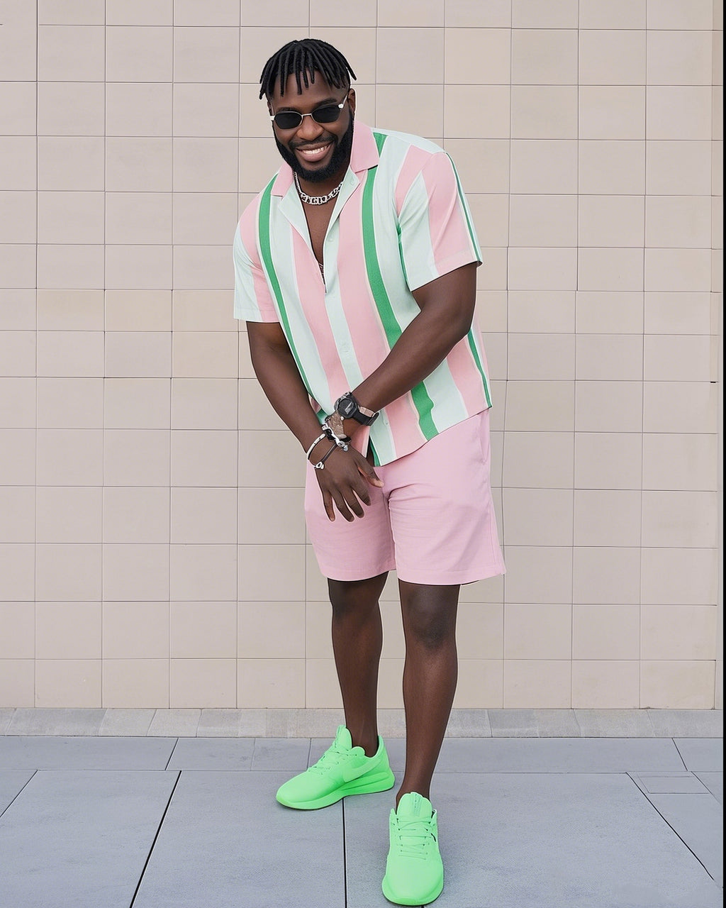 Big & Tall Green Pink Colorblock T-Shirt Shorts Set for big men view 4