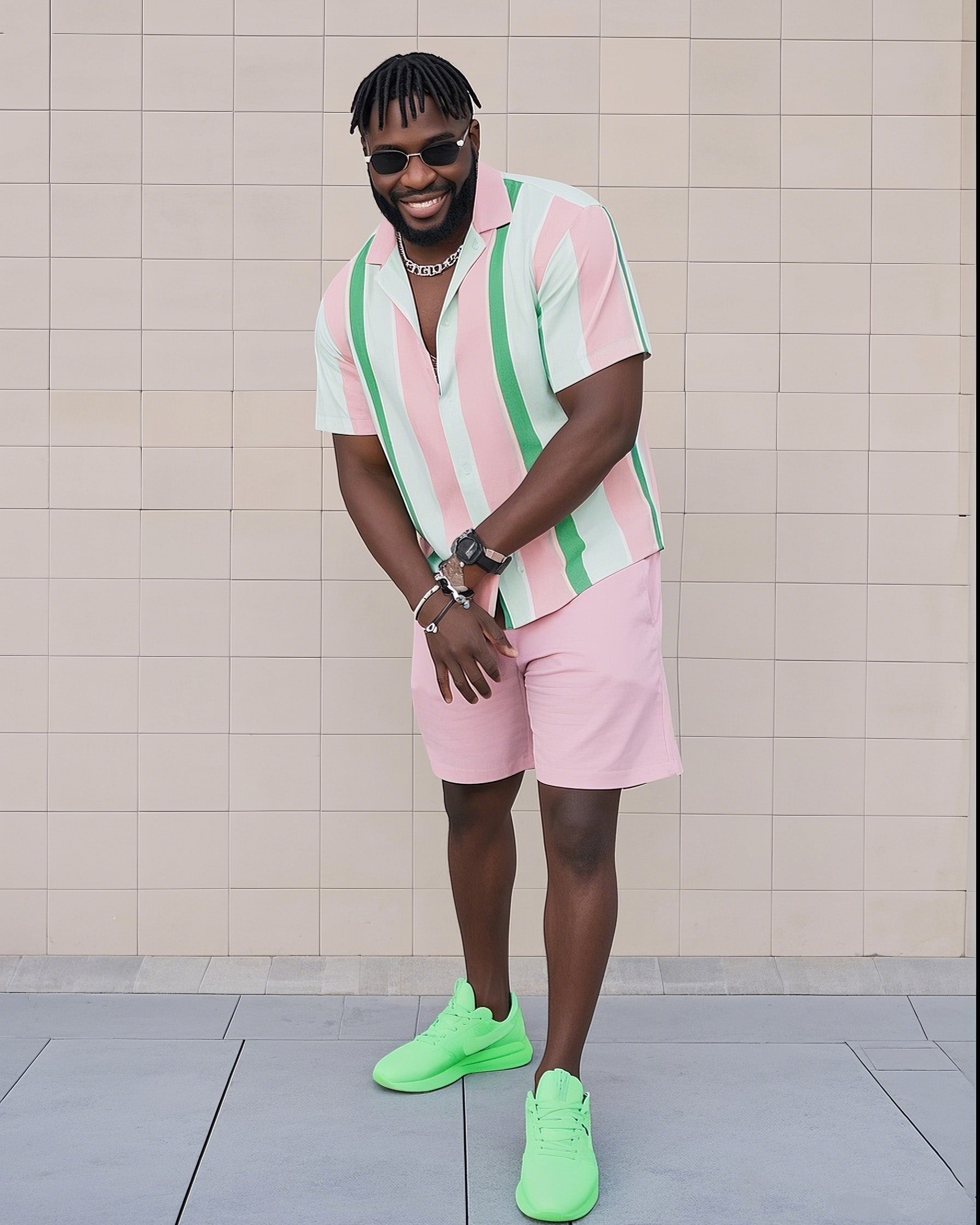 Big & Tall Green Pink Colorblock T-Shirt Shorts Set for big men view 4