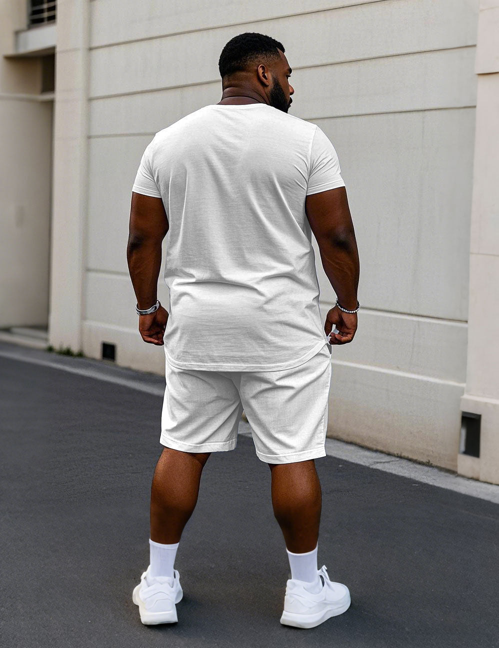 Big & Tall White Green Colorblock T-Shirt Shorts Set for big men view 4