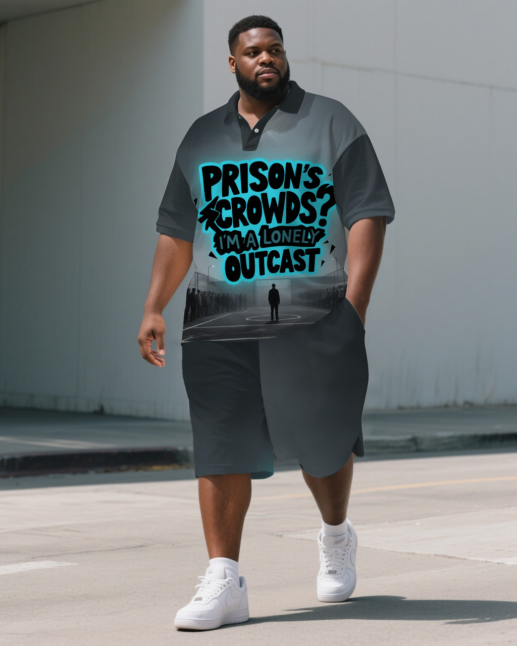 Big & Tall Graphic Graffiti Polo Shorts Set for big men view 1