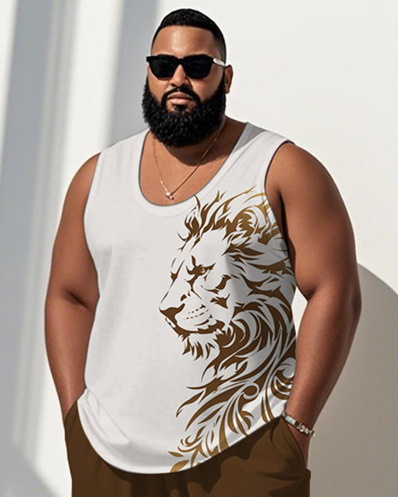 Big & Tall Brown Graphic Streetwear Vest Pants Set for big men view 2