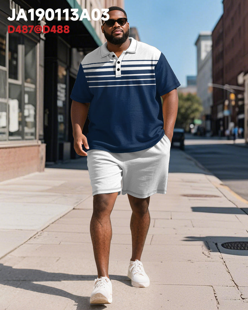 Big & Tall Blue Striped Graphic Polo Shorts Set for big men view 2