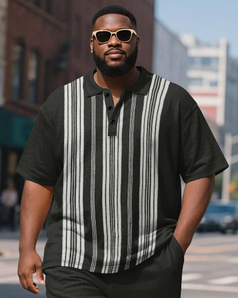 Big & Tall Black Striped Graphic Polo Shorts Set for big men view 3