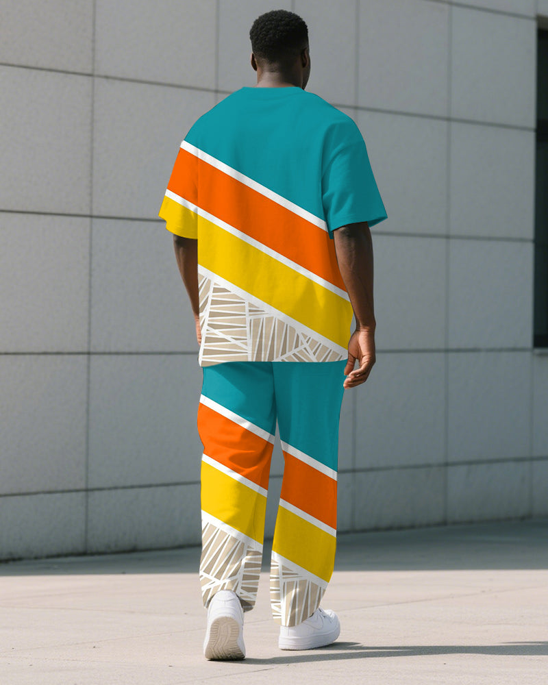 Big & Tall Blue Yellow Colorblock T-Shirt Pants Set for big men view 4